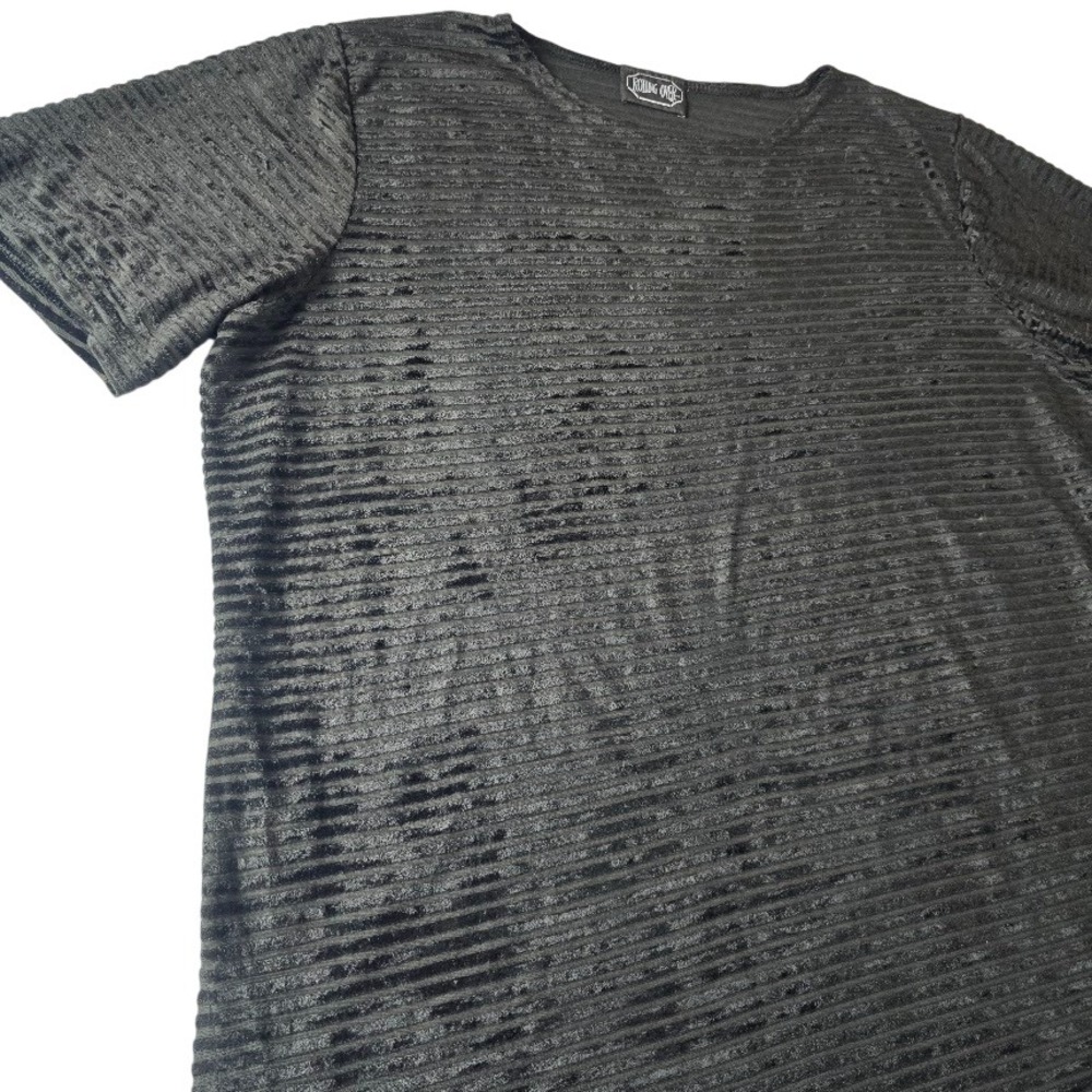 Rolling Over Striped Mesh Burnout Velvet Top Women XL Black Grunge Goth Edgy Emo